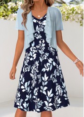 Robe et cardigan Rotita bleu clair à imprimé feuilles couvrant le ventre