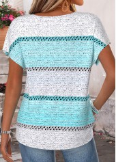 Light Blue tops,Striped tops,Geometric tops,ROTITA Striped Light Blue Round Neck Short Sleeve T Shirt