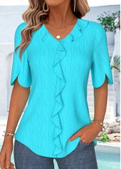 ROTITA Ruffle Cyan V Neck Half Sleeve Blouse