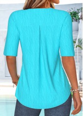 Cyan tops,Plain Color tops,ROTITA Ruffle Cyan V Neck Half Sleeve Blouse