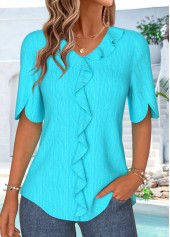 Cyan tops,Plain Color tops,ROTITA Ruffle Cyan V Neck Half Sleeve Blouse