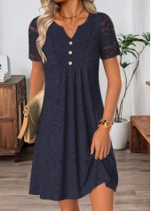 Rotita marineblaues Patchwork-Kurzkleid mit Schlitzkragen