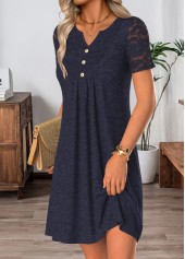 Navy dresses,Plain Color dresses,Everyday dresses,Casual dresses,ROTITA Navy Patchwork Short Split Neck Dress