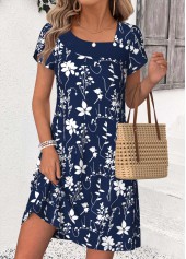 Robe courte asymétrique à patchwork imprimé feuilles marine Rotita