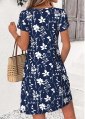 Navy dresses,Plants dresses,Everyday dresses,Casual dresses,ROTITA Navy Leaf Print Patchwork Short Asymmetrical Neck Dress