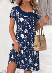 Navy dresses,Plants dresses,Everyday dresses,Casual dresses,ROTITA Navy Leaf Print Patchwork Short Asymmetrical Neck Dress