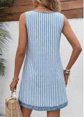 Light Blue dresses,Striped dresses,Geometric dresses,Everyday dresses,Casual dresses,ROTITA Light Blue Striped Patchwork Short Split Neck Sleeveless Dress
