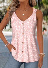 ROTITA Curved Hem Ditsy Floral Print Light Pink Tank Top