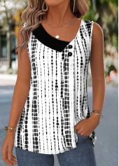 ROTITA Patchwork Geometric Print Raw White Asymmetrical Neck Tank Top