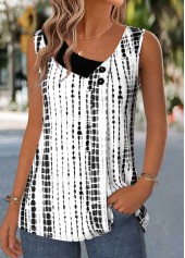 Raw white tops,Geometric tops,ROTITA Patchwork Geometric Print Raw White Asymmetrical Neck Tank Top