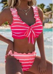 ROTITA Peach Red Bowknot Striped Mid Waisted Bikini Set