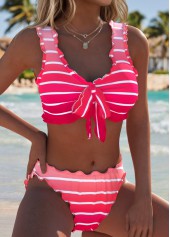 Peach Red swimwear,Striped swimwear,Geometric swimwear,ROTITA Peach Red Bowknot Striped Mid Waisted Bikini Set