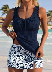 Navy swimwear,Plants swimwear,ROTITA Navy Frill Leaf Print Mid Waisted Tankini Set