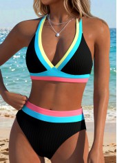 Black swimwear,Contrast Color swimwear,ROTITA Black Patchwork Mid Waisted Bikini Set