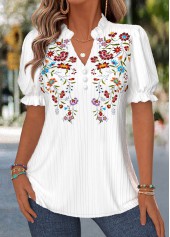 ROTITA Curved Hem Floral Print White Split Neck Blouse
