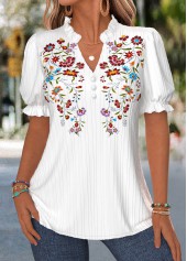 White tops,Floral tops,Plants tops,ROTITA Curved Hem Floral Print White Split Neck Blouse
