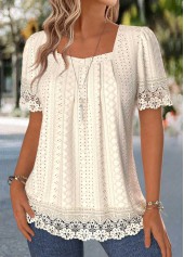 Beige tops,Plain Color tops,ROTITA Patchwork Beige Square Neck Short Sleeve T Shirt
