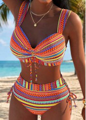 Multi Color swimwear,Tribal swimwear,ROTITA Multi Color Mid Waisted Ruched Tribal Print Bikini Set