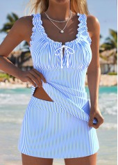 Light Blue swimwear,Striped swimwear,Geometric swimwear,ROTITA Light Blue Frill Striped Mid Waisted Tankini Set