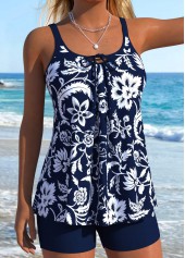 Navy swimwear,Plants swimwear,Floral swimwear,ROTITA Navy Lace Up Random Floral Print Tankini Set