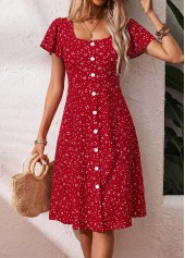 Red dresses,Dot dresses,Vacation dresses,Vacation dresses,ROTITA Red Polka Dot Tummy Coverage Square Neck Dress