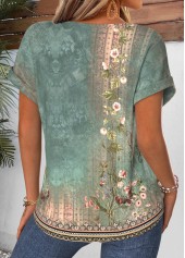 Sage Green tops,Tribal tops,ROTITA Curved Hem Tribal Print Sage Green T Shirt