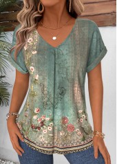 ROTITA Curved Hem Tribal Print Sage Green T Shirt