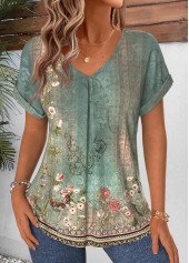 Sage Green tops,Tribal tops,ROTITA Curved Hem Tribal Print Sage Green T Shirt