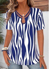 ROTITA Curved Hem Striped Navy Lace Up Collar T Shirt