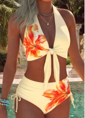 Ensemble bikini taille mi-haute à imprimé floral froncé jaune clair Rotita
