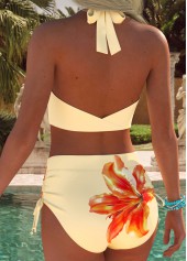 Light Yellow swimwear,Floral swimwear,Plants swimwear,ROTITA Light Yellow Ruched/shirred Floral Print Mid Waisted Bikini Set