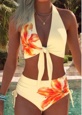 Light Yellow swimwear,Floral swimwear,Plants swimwear,ROTITA Light Yellow Ruched/shirred Floral Print Mid Waisted Bikini Set