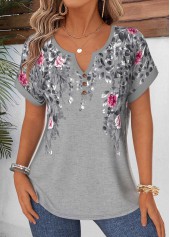 Rotita Bluse mit Bauchbedeckung Blumenmuster grauer V-Ausschnitt