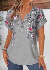 Grey tops,Floral tops,Plants tops,ROTITA Tummy Coverage Floral Print Grey Split Neck Blouse