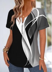 Black tops,Geometric tops,ROTITA Tummy Coverage Geometric Print Black Round Neck T Shirt
