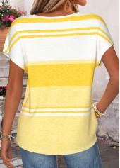 Yellow tops,Striped tops,Geometric tops,ROTITA Striped Yellow Round Neck Short Sleeve T Shirt