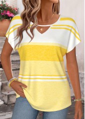 Yellow tops,Striped tops,Geometric tops,ROTITA Striped Yellow Round Neck Short Sleeve T Shirt