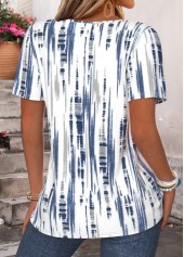 Blue tops,Striped tops,Geometric tops,ROTITA Striped Blue Split Neck Short Sleeve T Shirt