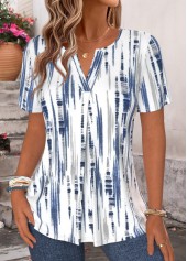 Blue tops,Striped tops,Geometric tops,ROTITA Striped Blue Split Neck Short Sleeve T Shirt