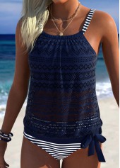 Navy swimwear,Striped swimwear,Geometric swimwear,ROTITA Navy Blouson Striped Mid Waisted Tankini Set