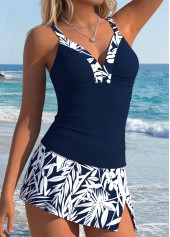 Rotita Tankini-Set mit marineblauem Patchwork-Blättermuster und mittelhohem Bund