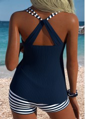 Navy swimwear,Striped swimwear,Geometric swimwear,ROTITA Navy Tummy Coverage Striped Mid Waisted Tankini Set