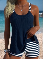 ROTITA Navy Tummy Coverage Striped Mid Waisted Tankini Set