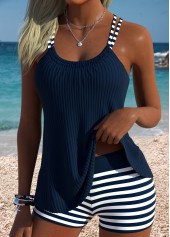 Navy swimwear,Striped swimwear,Geometric swimwear,ROTITA Navy Tummy Coverage Striped Mid Waisted Tankini Set