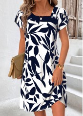 Robe courte asymétrique à imprimé feuilles marine Rotita couvrant le ventre et à col asymétrique