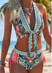 ROTITA Multi Color Mid Waisted Ruched Tribal Print Bikini Set