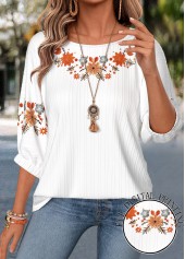 Rotita-Bluse mit Bauchbedeckung Blumenmuster weiß Rundhalsausschnitt