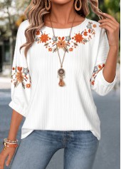 White tops,Floral tops,Plants tops,ROTITA Tummy Coverage Floral Print White Round Neck Blouse