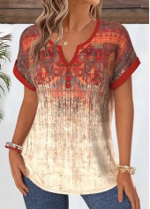 Red tops,Tribal tops,ROTITA Tummy Coverage Tribal Print Red Split Neck Blouse