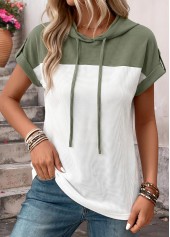 ROTITA Curved Hem Sage Green Hooded Short Sleeve T Shirt